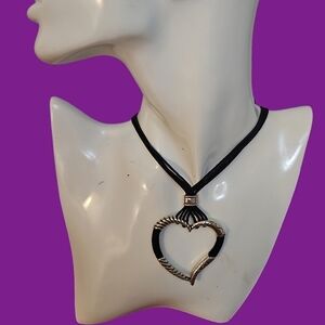 BRIGHTON Black Leather Rope Heritage Open Heart Pendant Choker Necklace